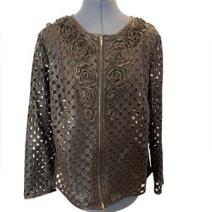 ESCADA RARE VINTAGE dark brown lamb leather rosette jacket w/ gold double zip